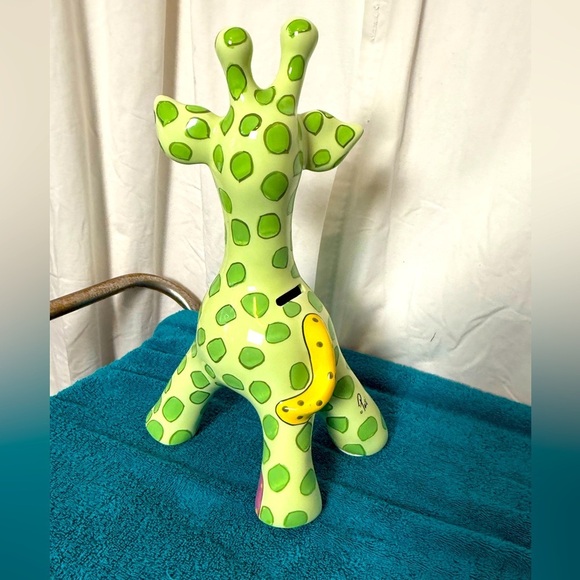 Giraffe Piggy Bank Ceramic Ganz signed Pati Green Polka Dots & Purple Eyes 15” - Picture 2 of 6